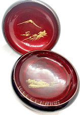 Vintage Set of 2 Red Japanese Laquered Bowls with Golden Designs 5 1/2 in picture