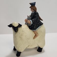 1997 Williraye Studio Lady on Sheep w/ Cat - Country Picnic Folk Art RARE picture
