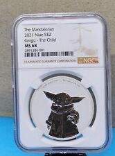 2021 NIUE 1 OZ $2 STAR WARS : THE MANDALORIAN : GROGU NGC MS68 : 999 SILVER COIN picture