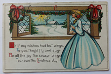 Antique 1913 Christmas Greetings Pretty Young Woman in Blue Gown Posted Postcard picture