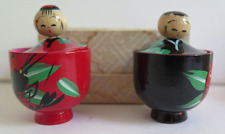 Vintage NOS Mini Wood Lacquer Pots w/KOKESHI Doll Tops Mint in Box picture