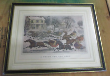 Framed Lithograph-1875 Currier & Ives-Sleigh Ride-A Brush For The Lead 16