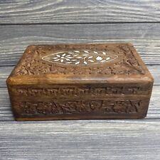 Vintage Hand Carved Wooden Box Floral Inlay Blue Felt Lined 7x4.5x2.5” picture