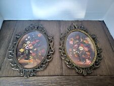 2 Vintage Oval Brass Frame Floral Picture in Convex Bubble Glass Made In Italy picture