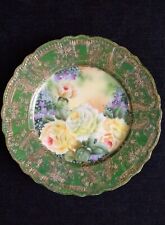 IE&C Rare Vintage Cabbage Rose Green Plate Heavily Gilded Hand Painted 8.5