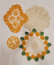 Lot Of 4 Vintage Crocheted Doilies  Orange, Ivory, Yellow Flowers Green Leaves picture