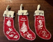 3 Vintage Style Red Felt Merry Christmas stockings Jingle Bells Santa Reindeer  picture