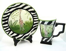African Art Style Ceramic/Pottey Abstract Giraffe Plate and Mug with Wood Stan picture