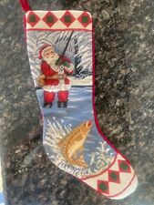 Vintage Needlepoint Santa Fishing Christmas Stocking Red Velvet Back picture
