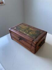 Antique Hand Carved Cedar Wood Jewelry box with scene and brass handles picture
