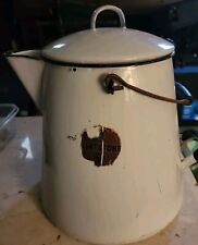 Large Vintage White Enamelware Cowboy Coffee Pot Camp Kettle Farmhouse 12 quart picture