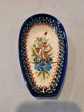 Spoon Rest Stawberries & Flowers Polish Pottery Ceramic Poland Kalich. Signed picture