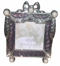 Lenox Bow Swag Faux Pearls Enamel Rhinestone 2”SQ Photo Frame Picture 3”W 4.25”T picture