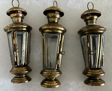 3 Antique Vntg Christmas Tree Lantern Candle Holder Ornaments Brass Cut Glass picture