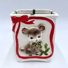 Rare Vintage 1960's Lefton Christmas Bear Holly Red Ribbon Ceramic Planter Vase picture