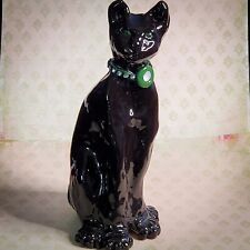 Vtg MCM Ceramic Black Cat Green Eyes w/ Large Paws & Rhinestone Collar 9.75