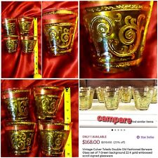 FOUR VNTG Culver Tumbler Drinking GlassGreenGoldMidCentry 22KGoldNO WEAR TOP picture