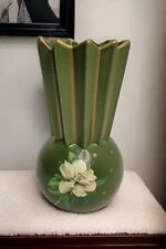 Handmade By JBS MCM Style Vtg Green White Rose Vase 7