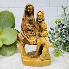 Vintage Carved Olive Wood Holy Family Statue Figurine Christmas Bethlehem picture