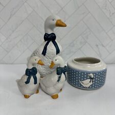 Vintage Lot of Country Geese Ornaments Figure & Bowl With Bow Goose Ceramic picture