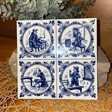 Vintage Delft Hand-Painted Cobalt Blue and White 6 Inch Square Tile 4 Scenes picture