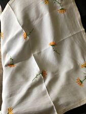 Vintage French Square Linen Embroidered Yellow/Orange Sunflowers Tablecloth picture