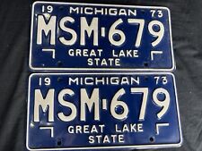 Vintage 1973 Michigan Great Lake State License Plate Matching Set of 2, Man Cave picture