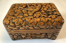 Vintage ￼Hand Carved Wood Box Intricately carved Birds - Floral 6” 4” 3” picture