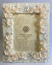 Vtg 5 X 7 Wedding Photo Picture Frame 3-D Roses & Lace Pearl Finish Heirloom picture