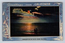 Pacific Ocean CA-California, Moonlight, Scenic Greetings, Vintage c1949 Postcard picture
