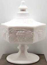 Vintage Imperial Milk Glass Pedestal Footed Candy Dish w/Lid Grapes Leaves picture