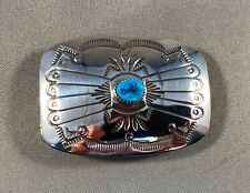 Small Navajo Tooled Sterling Silver and Turquoise Belt Buckle, Joann Begay, NEW picture