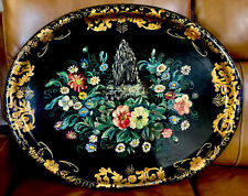30” XL  Antique Paper Mache Tray Hand-Painted Flowers Gold Trim Gorgeous picture