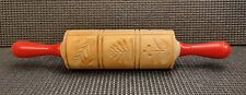 Wooden ROLLING PIN Embossed Vintage  Cookie Dough Engraved Roller Red Handles picture