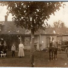 c1910s Lovely Family w/ Horse & Carriage RPPC House Dog Real Photo NY PC A130 picture
