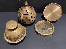 Lot of 3 Assorted Brass Decor Items Compass Pot Pourri Jar Bell India picture