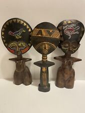 Vintage African Fertility Hand Carved Wood Statues Figures Beaded Set of 3 picture