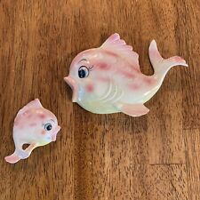 Vtg MCM Ceramic Kissing Fish Wall Decor Pink Yellow Norcrest picture