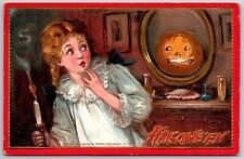 Vintage USA Postcard Halloween Scary Pumpkin JOL Girl With candle tuck’s No.174 picture