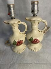 Pair Of Vintage Hand Painted Urn Style Table Lamps Red Floral Gold Trim Tested picture