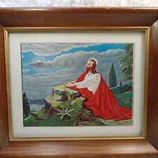 Vintage Litho Framed Picture Jesus Praying On Mountain In Red & White Robe USA picture