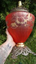 1890s Pittsburgh RED SATIN Glass Oil Lamp HONEYCOMB Pattern - POND LILY PAINTED picture