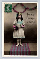 c1909 RPPC Young French Girl Congratulations Hand Colored Real Photo Postcard picture