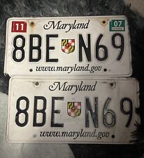 Vintage Maryland MD License Plate State White Black Pair Matching Set Used picture