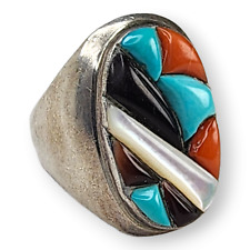 Vintage Zuni Cobblestone Inlay Ring Size 12 Turquoise MOP Signed R> picture