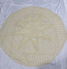 Vtg Hand Made Crocheted Round Tablecloth 52” Yellow Pretty Center Design. picture