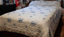 Vintage Floral Chenille Bedspread Queen/ King Fringe White & Blue 88'' x 104'' picture