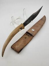 Vintage Deer Antler Double Edge Hunting Stag Knife W Leather Sheath Very Sharp.  picture