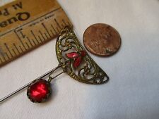 Antique Hat Pin Brass Red Enamel Red Glass Dangle Bead 5 inches picture