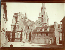 France, Guingamp, view of Notre-Dame Basilica and Ancienne Poste, vintage print, wax picture